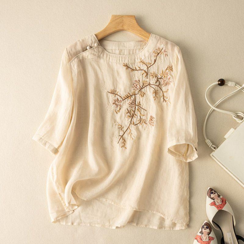 Summer Round Neck Medium Sleeve Embroidered Chic Top Literary Retro Loose Temperament Cotton and Linen T-shirt New