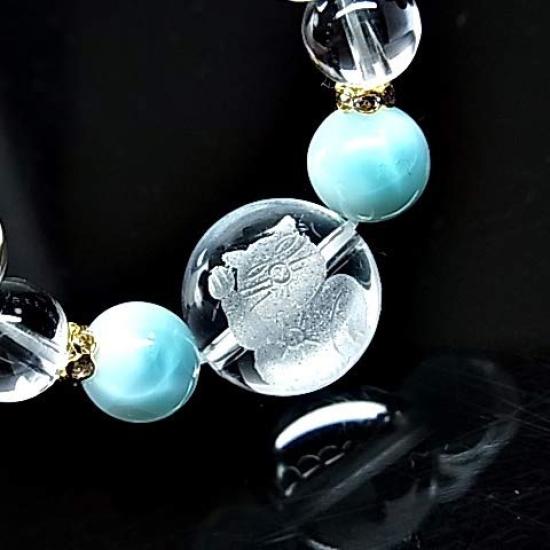 no Beckoning Cat Crystal Larimar Lucky Brings Happiness and Good Natural Stone Power Stone Playful Bracelet 21 C55 [Neko Yume] Charm, Fortune, Women's