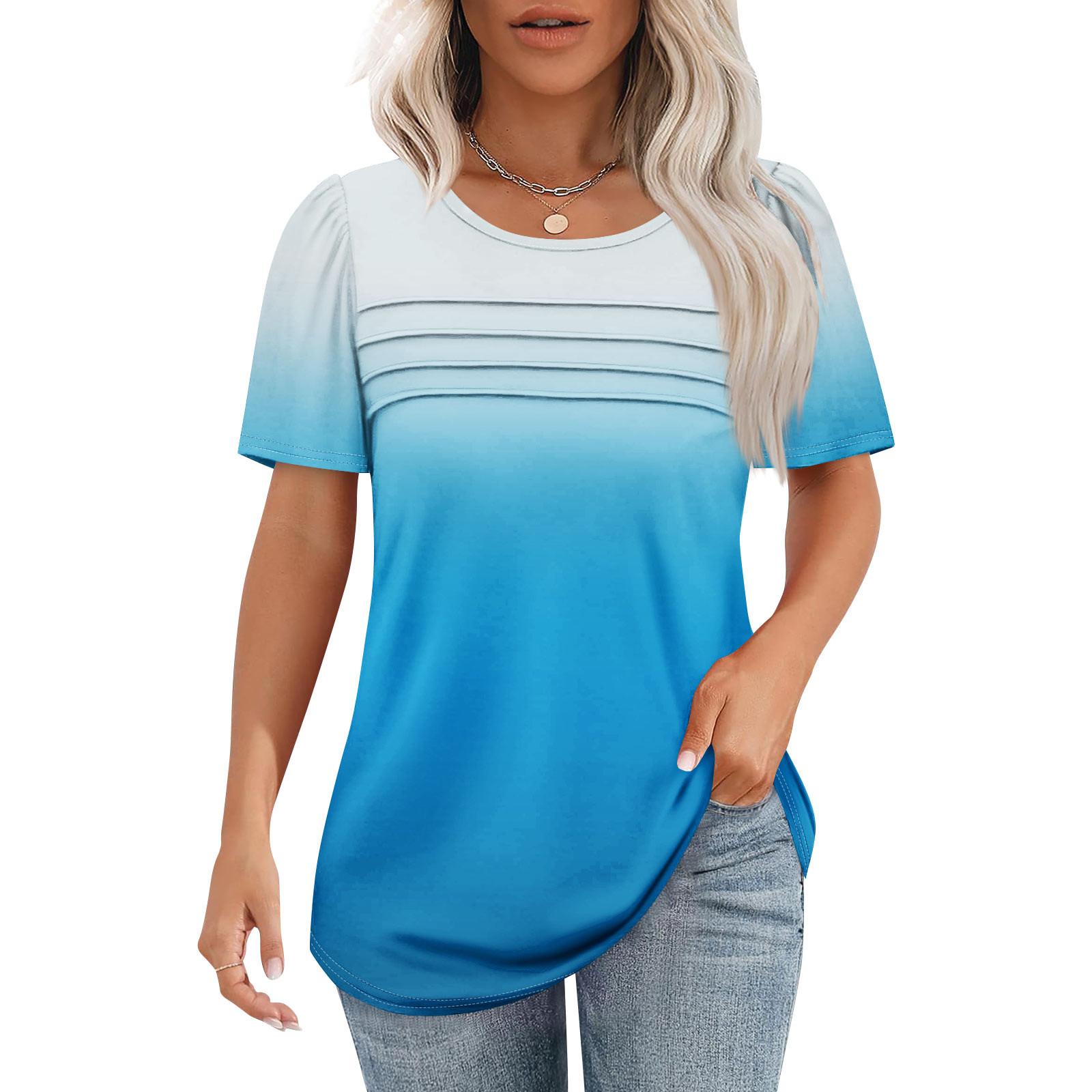 

Women s T-shirt Short Sleeve Tops Elegant Casual Shirt Spring Summer Outfit Flowy Pleated Front Round Neck Summer Tops XXL