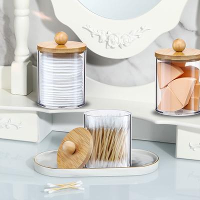 3Pcs Qtip Holder Dispenser with Bamboo Lids Clear Acrylic Bathroom Jars with Tray Cotton Swab Storage Dispenser Reusable