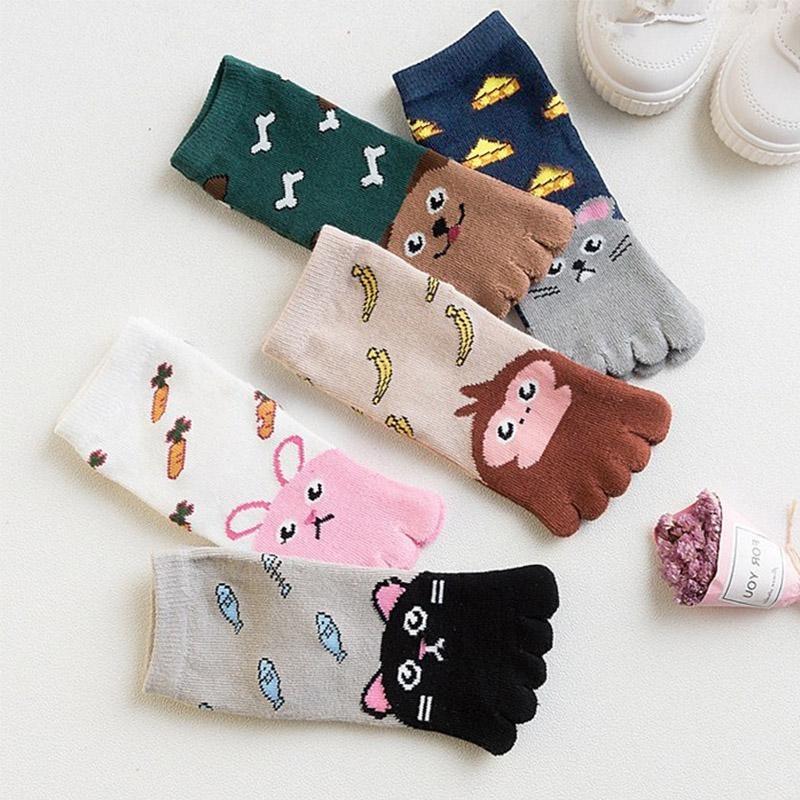 Boys Girls Cute Cartoon Five Fingers Sock Kids Breathable Toe Cotton Hosiery