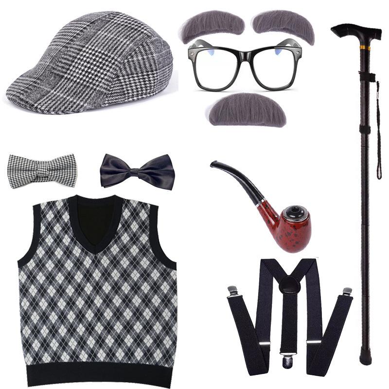 New Kids 100 Days of School Costume for Boys Halloween Old Man Costume Hat Glasses Wig and Grandpa Vest Cane Full Set Child
