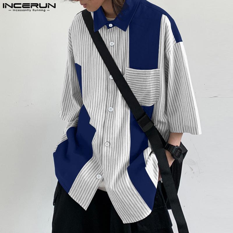 INCERUN Męskie koszule casualowe oversize z klapami, z krótkim rękawem, w paski, patchworkowe