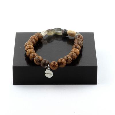 Stones and Minerals. Green Phantom Quartz Bracelet from Brazil + 8 Mm Wooden Beads. Made In France.