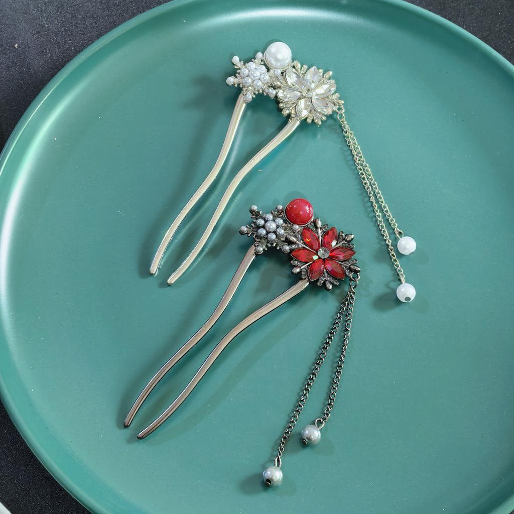 Luxuriöse U-förmige Blumige Quasten Haarspangen für Damen Neuer Chinesischer Stil Handgefertigte Haargabel Metall-Haarnadel Elegante Haaraccessoires