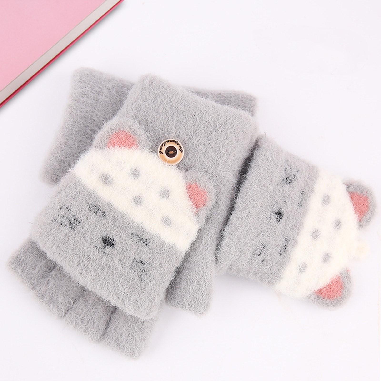 Winter Women Adult Plus Velvet Thickening Cute Catoon Finger Gloves