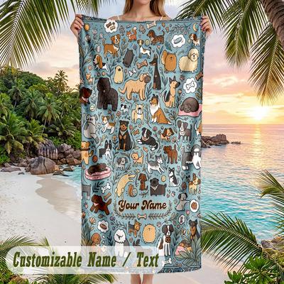 Dogs Various Poses Theme Quick Dry Beach Towel Custom Name Text Print Large Sand Resistant Towel Beach Vacation