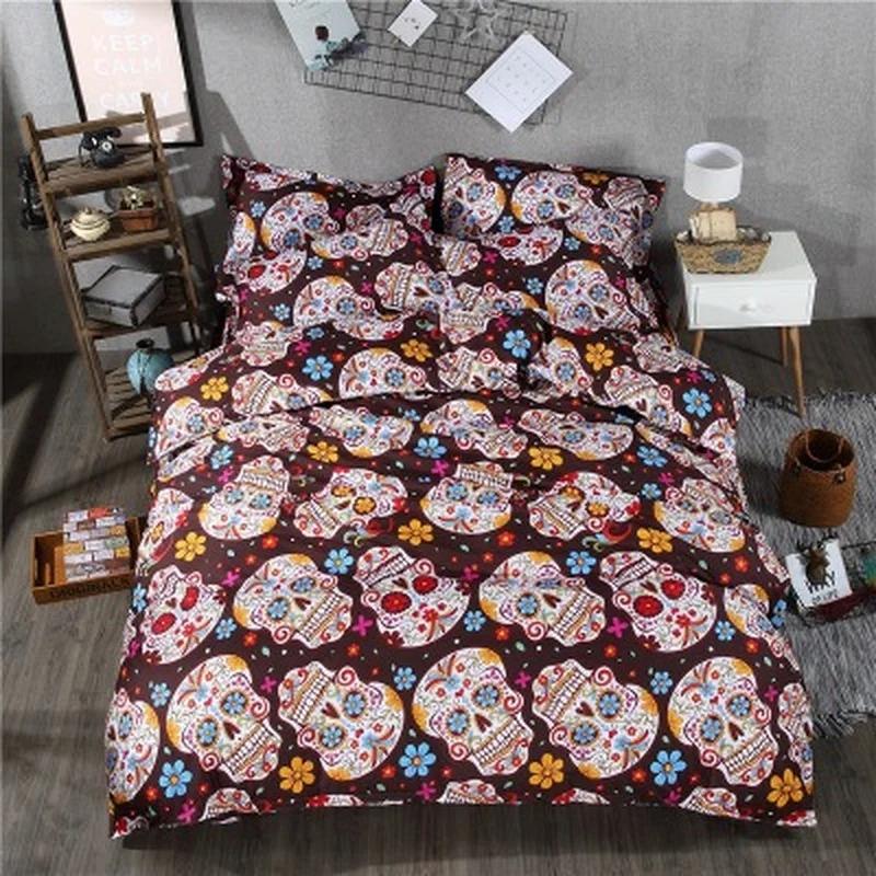 Sugar Skull Comforter Cover Set King Size Skulls Decor Bedding Bones Skeleton Roses Floral Duvet Cover Set Bedding Cover Zipper