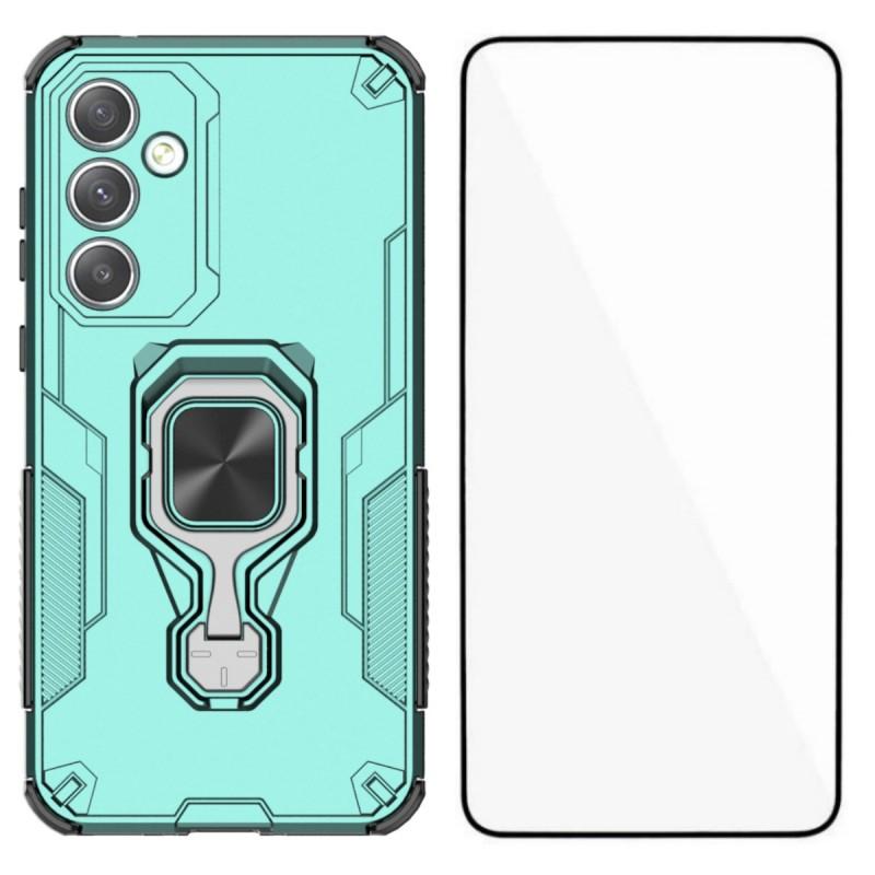 

For Samsung Galaxy A35 5G Phone Case WANLONFENG PC TPU Back Cover Kickstand with Tempered Glass Green