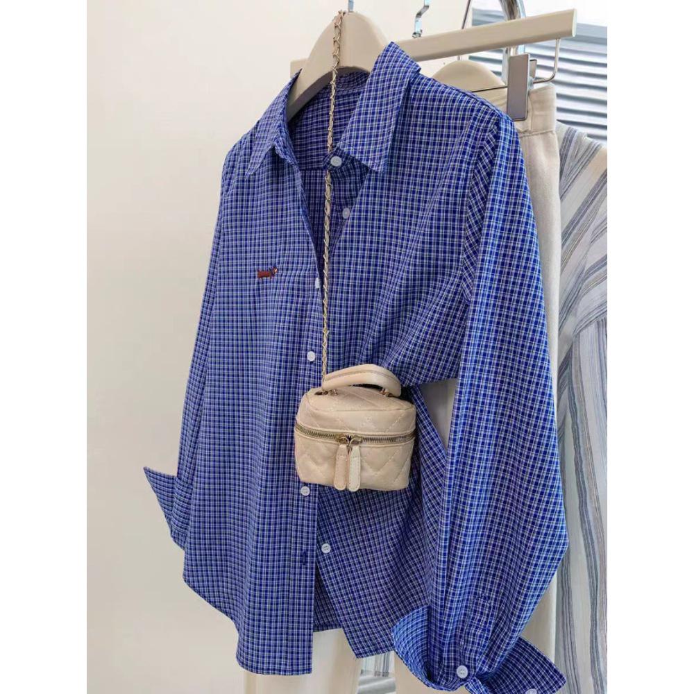 

Women s Blue Plaid Long Sleeve Shirt Jacket - Autumn Petite & Regular Fit, Loose Style, 2025 Collection L (Premium Quality) синій