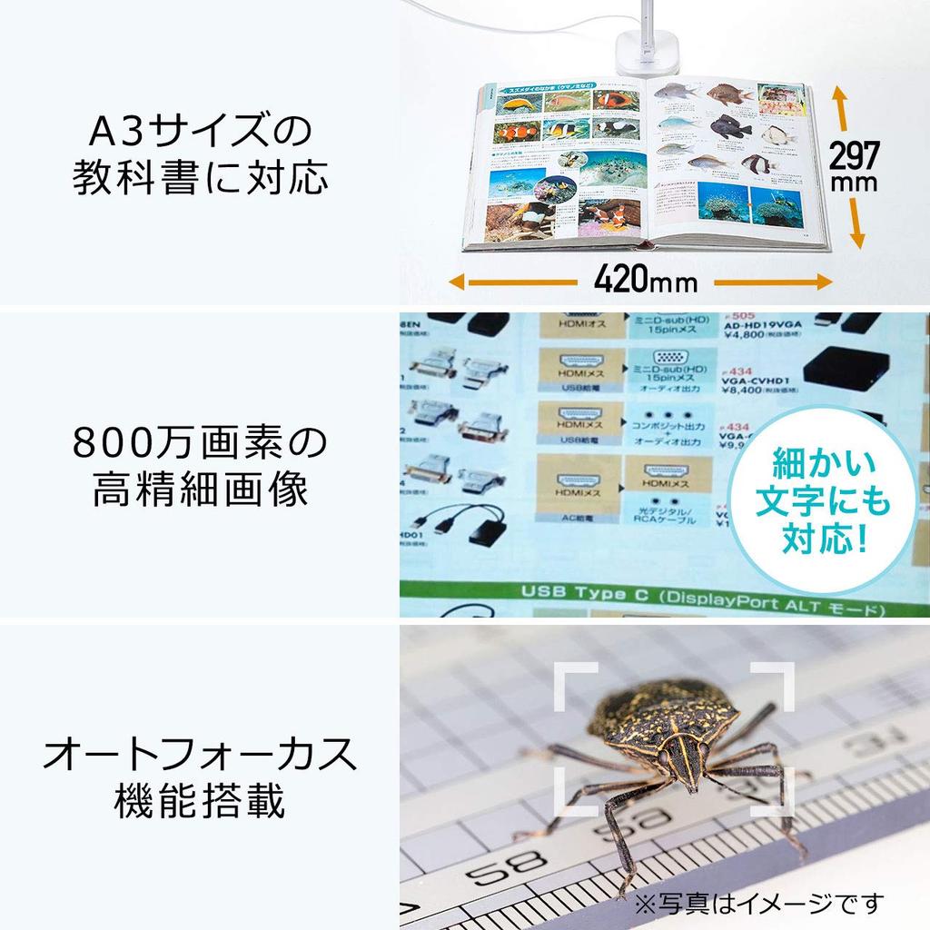 Sanwa Supply USB Document Camera, 8 Megapixels, CMOS, Autofocus, LED Light, White, CMS-V46W