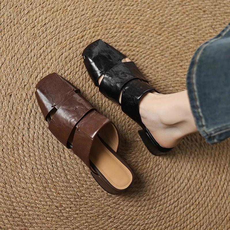 Fashion 2025 Outside Summer Women Mules Genuine Leather Women Shoes Cover Toe Chunky Heel Slippers Square Toe Hollow-out Modern Slippers