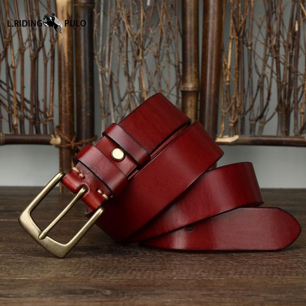 Men's Genuine Leather Belt with Pin Buckle, Retro Pure Copper, Simple and Versatile Jeans Belt