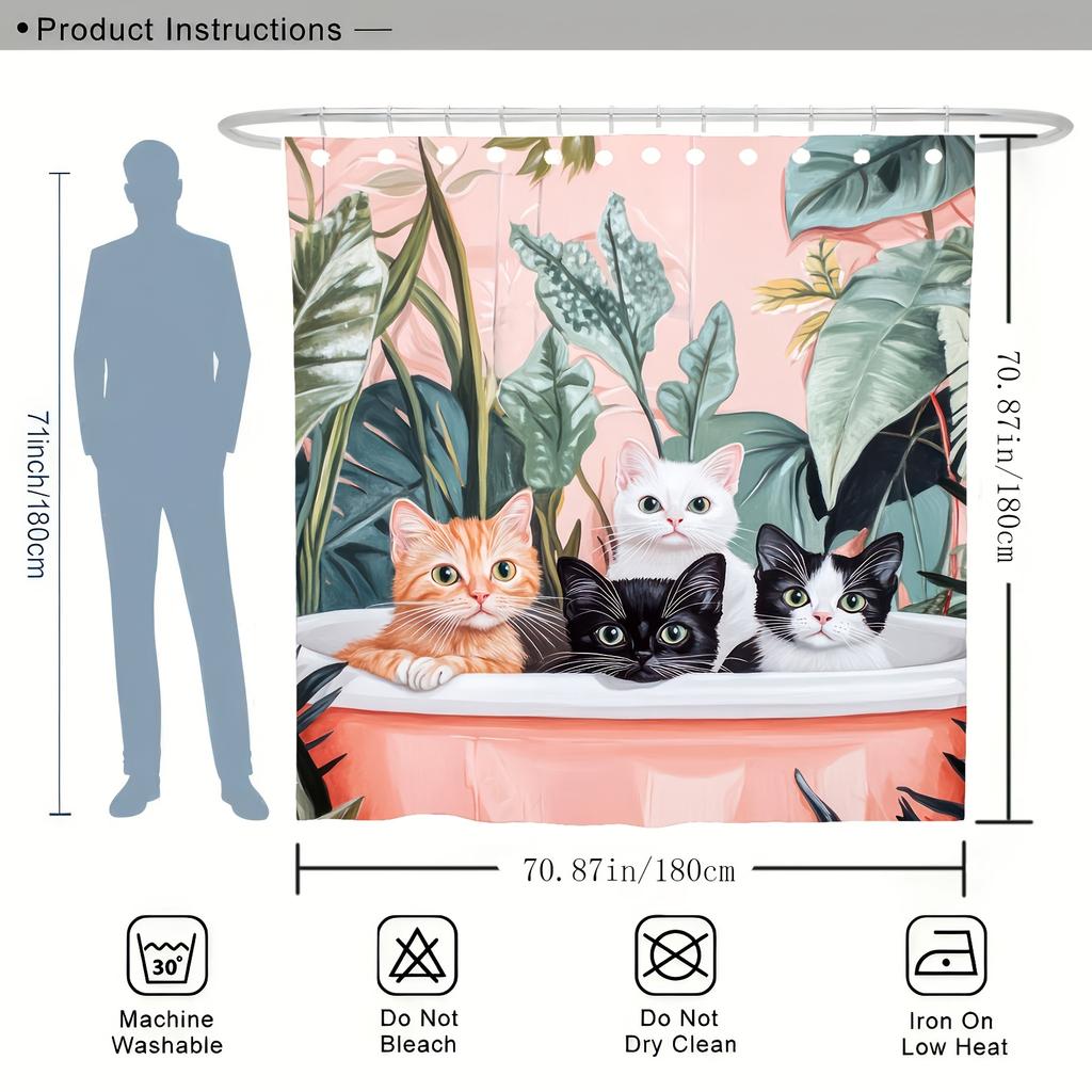 Tropical Leaves And Kittens Shower Curtain - Digital Print Polyester, Machine Washable, Woven Knit Fabric, All-Season Bath Decor
