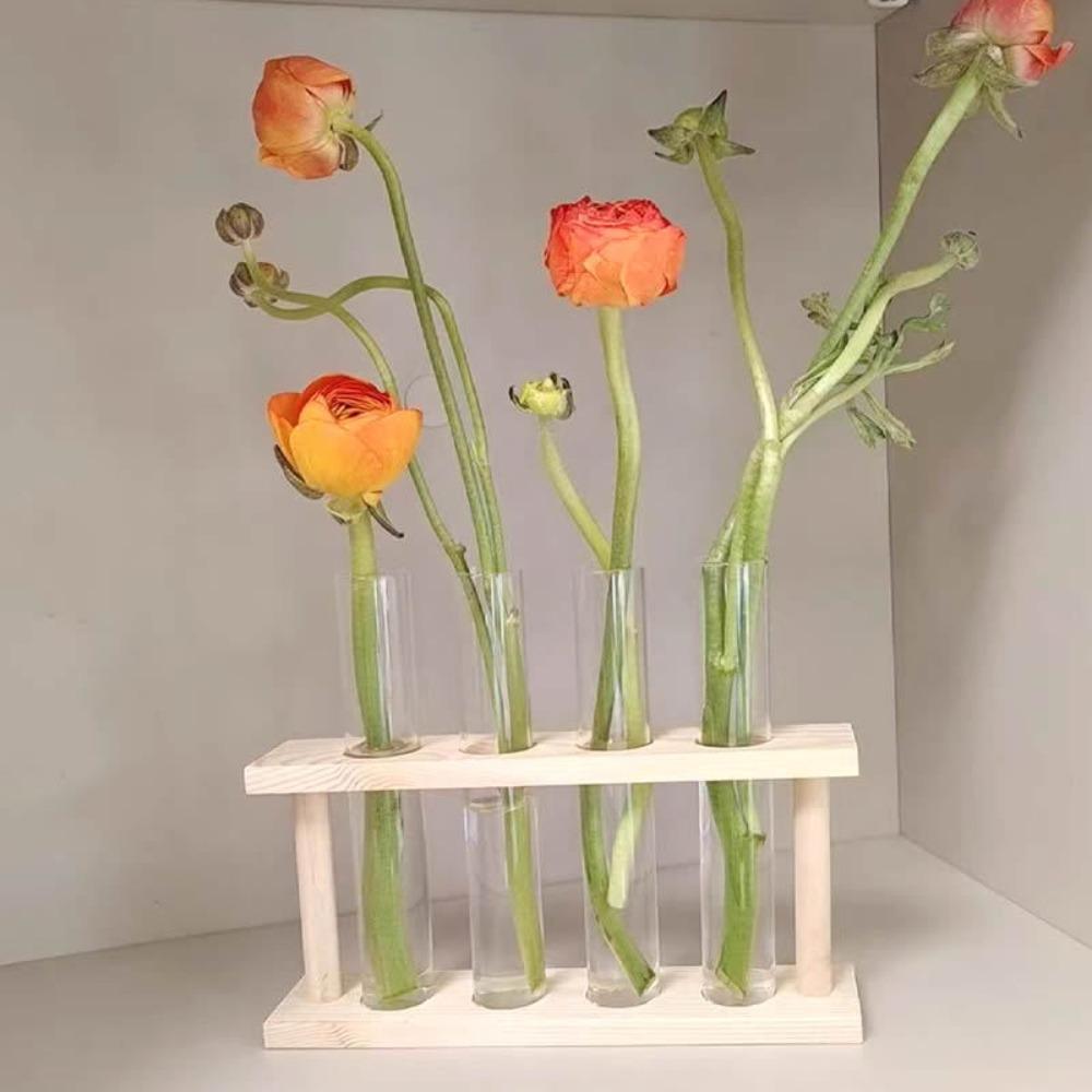 Modern Nordic Wooden Frame Hydroponic Test Tube Vase Hydroponic Green Plant Container Creative Crafts Decoration for Home Office