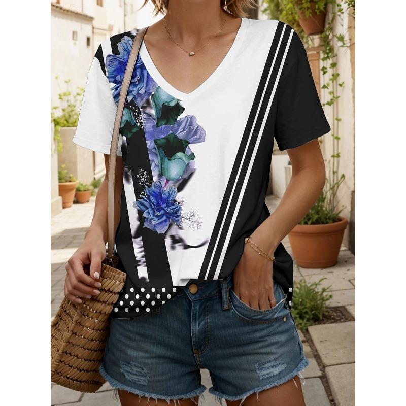 New Colorful Plaid Patchwork 3D Print T-Shirts Women's V-Neck Short Sleeve T Shirt Y2k Harajuku Tees Casual Tops Female Clothing