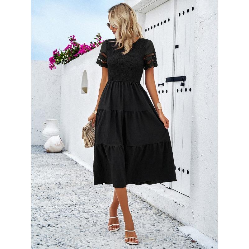 Women's Spring and Summer Temperament Solid Color Short-sleeved Hollowed Out Dresses