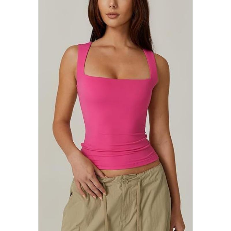 Summer Women's Square Neck Sleeveless Double Layer Tank Top Basic Tight T-shirt