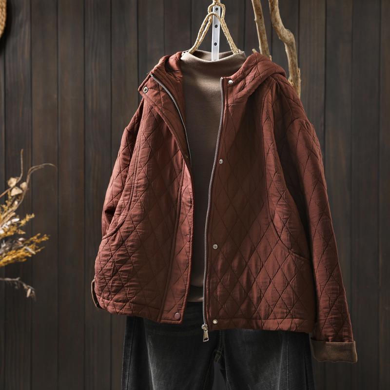 Chaqueta de Algodón con Capucha Acolchada de Diamantes para Mujer - Petite, Holgada, Informal, Ligera, Tendencia Invierno 2025