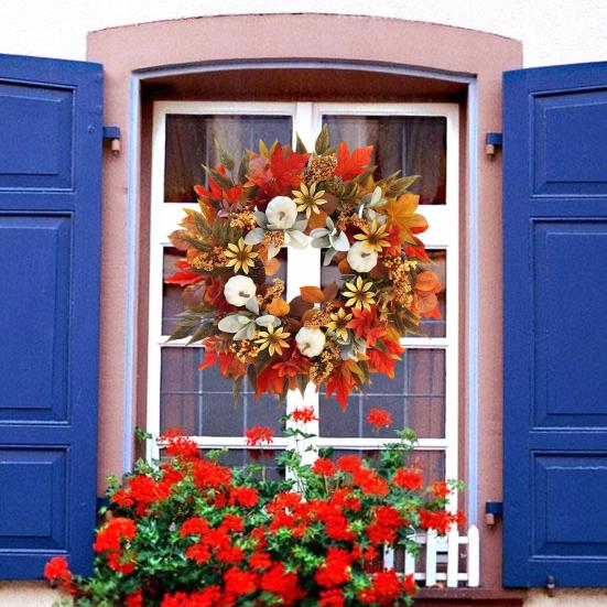 Umělý podzimní věnec na vchodové dveře 18" Věnec z javorových listů s dýní, květinou a bobulemi pro sklizeň, Den díkůvzdání, farmářskou výzdobu