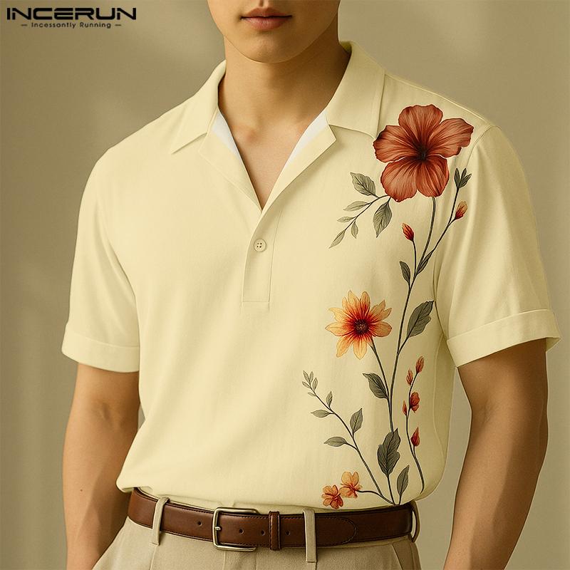 

INCERUN Oversized Men Shirts Short Sleeve Floral Print Buttons Casual Loose Tops L чорний