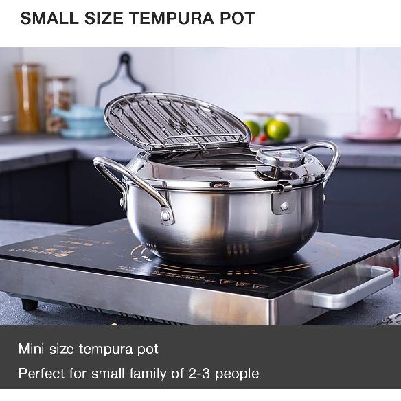 Tempura Fry Pot, Stainless Steel Tempura Deep Fryer with Thermometer, 8 Inches, Mini Size Perfect for 2-3 People