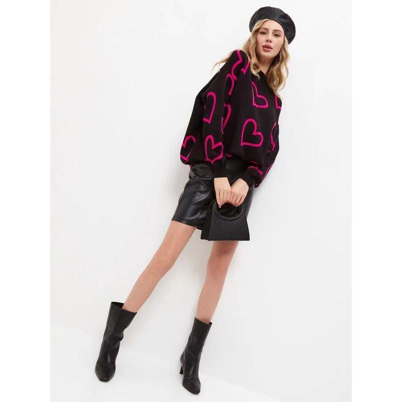 Fashion round Neck Heart Contrast Color Sweater Loose Pullover Knitwear round Neck Neck Love Sweater