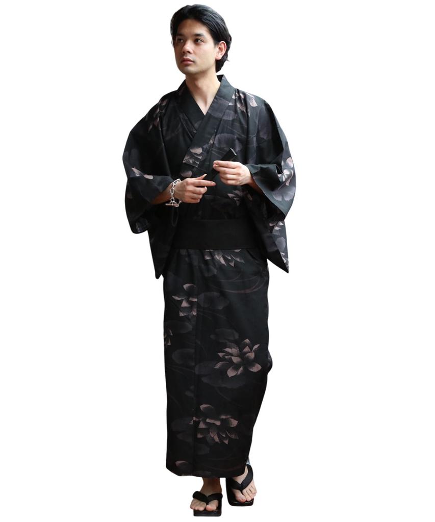 Yukata Set with Japanese Lotus Flower Size Includes and Geta Sandals 8(eight) Men's 3-Piece Pattern, Black, LL, Yukata, Obi,