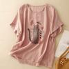Dimanaf 2025 Women Summer Plus Size Loose T-Shirt Vintage Printing Linen Basic Tops Tees Maxi