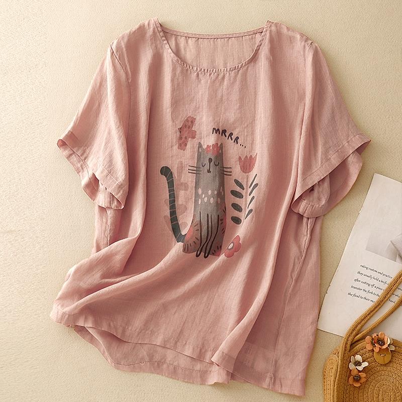 Dimanaf 2025 Women Summer Plus Size Loose T-Shirt Vintage Printing Linen Basic Tops Tees Maxi