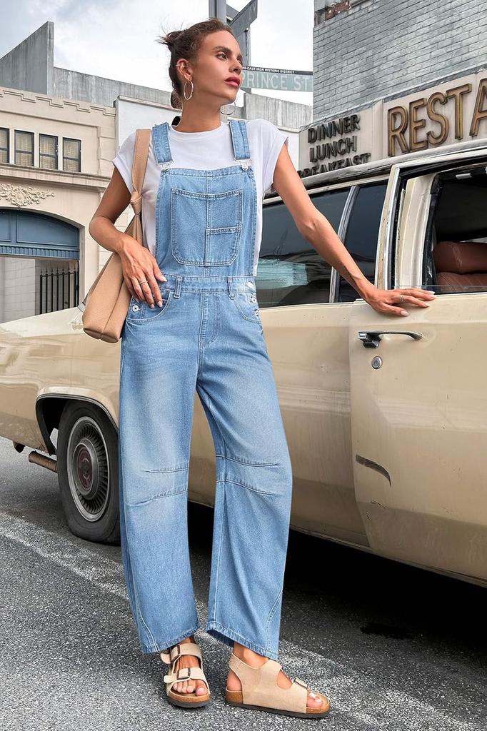 Womens Denim Bib Overalls Barrel Leg Baggy Jean Jumpsuit With Pockets