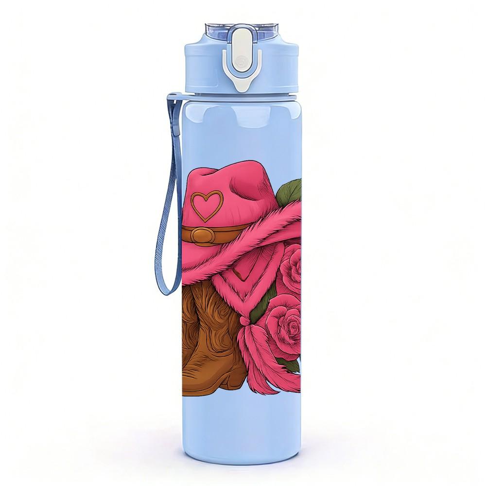 1PC Pink Cowboy Hat Rose Flower 750ml Color Plastic Sports Water Bottle Leakproof Flip Straw Lid Suitable for Sports Office Home Use