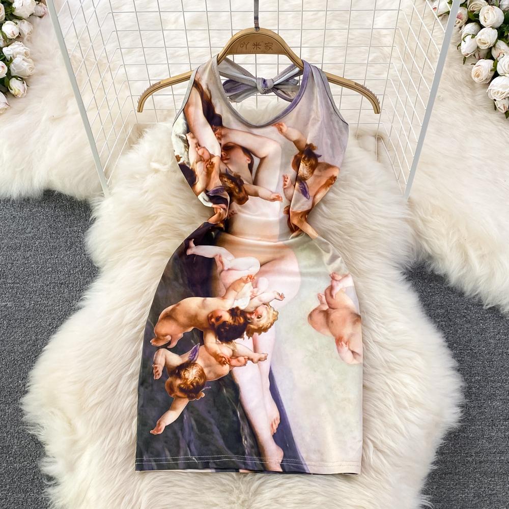 

RUGOD 2022 Лето Европейская и американская мода с принтом без рукавов с воротником-халтер и открытой спиной сексуальное облегающее короткое платье на бедрах