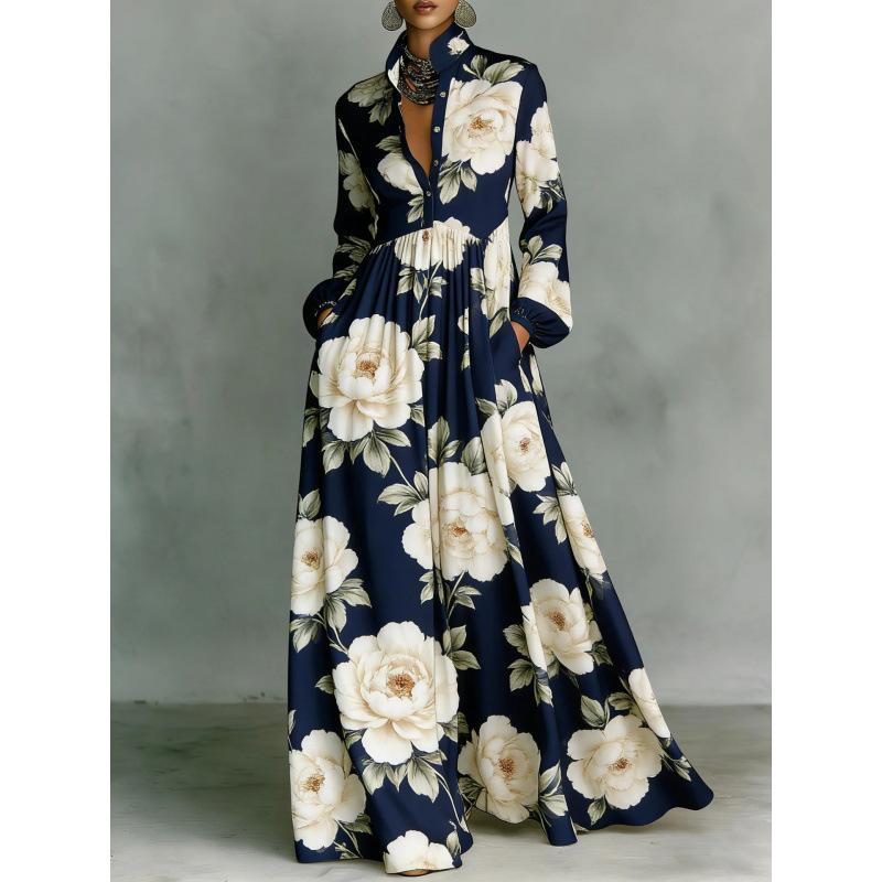 Women's Tiered Boho Maxi Dress Long Sleeve Button Front Lace Trim Loose Vacation Long Dress