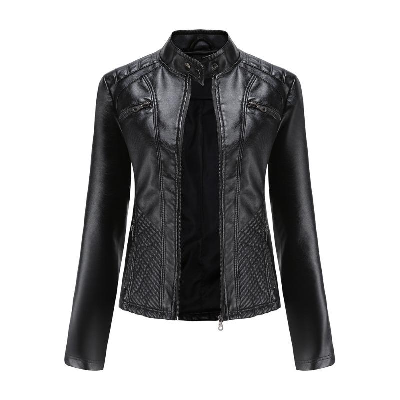 Neue Damen Freizeit Lederjacke Stehkragen Jacke Schlanke Jacke Damen Einfarbig Damen Lederjacke