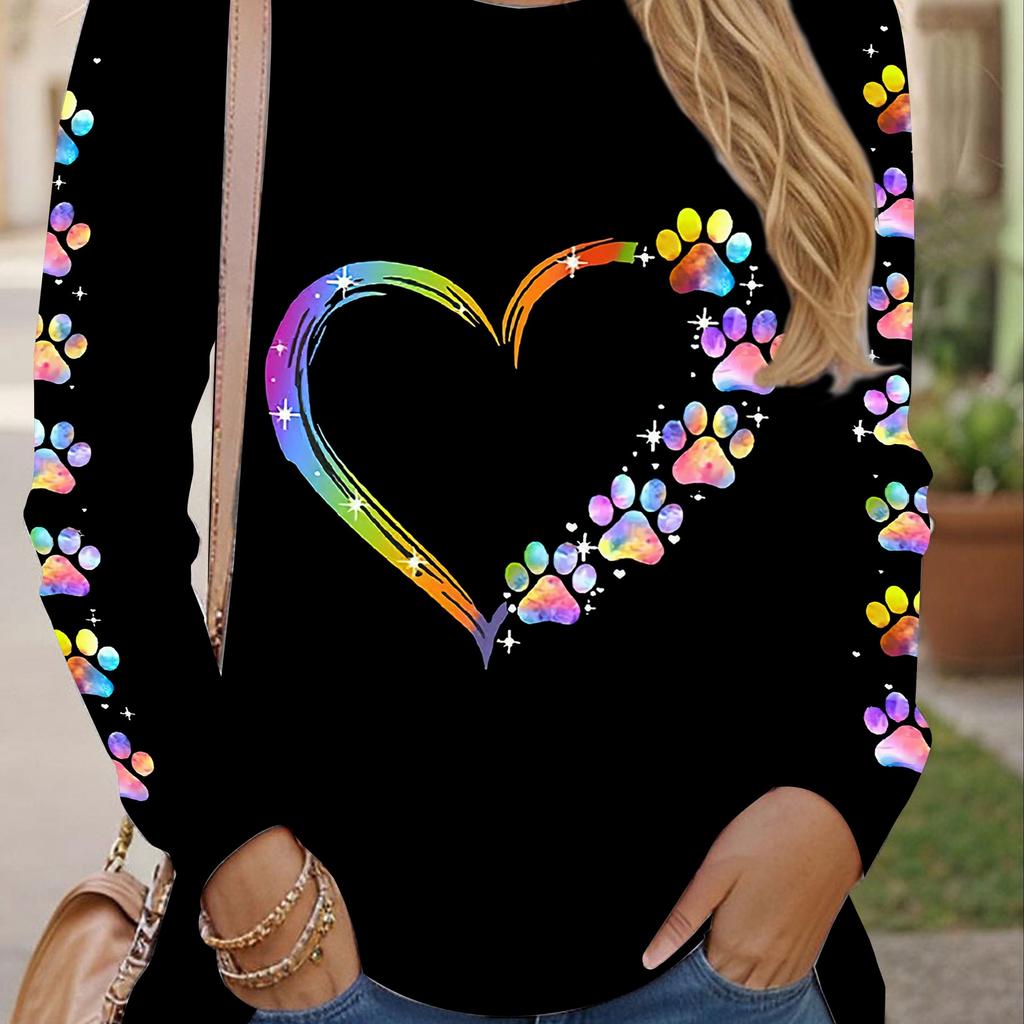 Directional Colored Heart-shaped Claw Print 3D Digital Printed Long-sleeved T-shirt, Women's Spring and Autumn Casual Round Neck Top