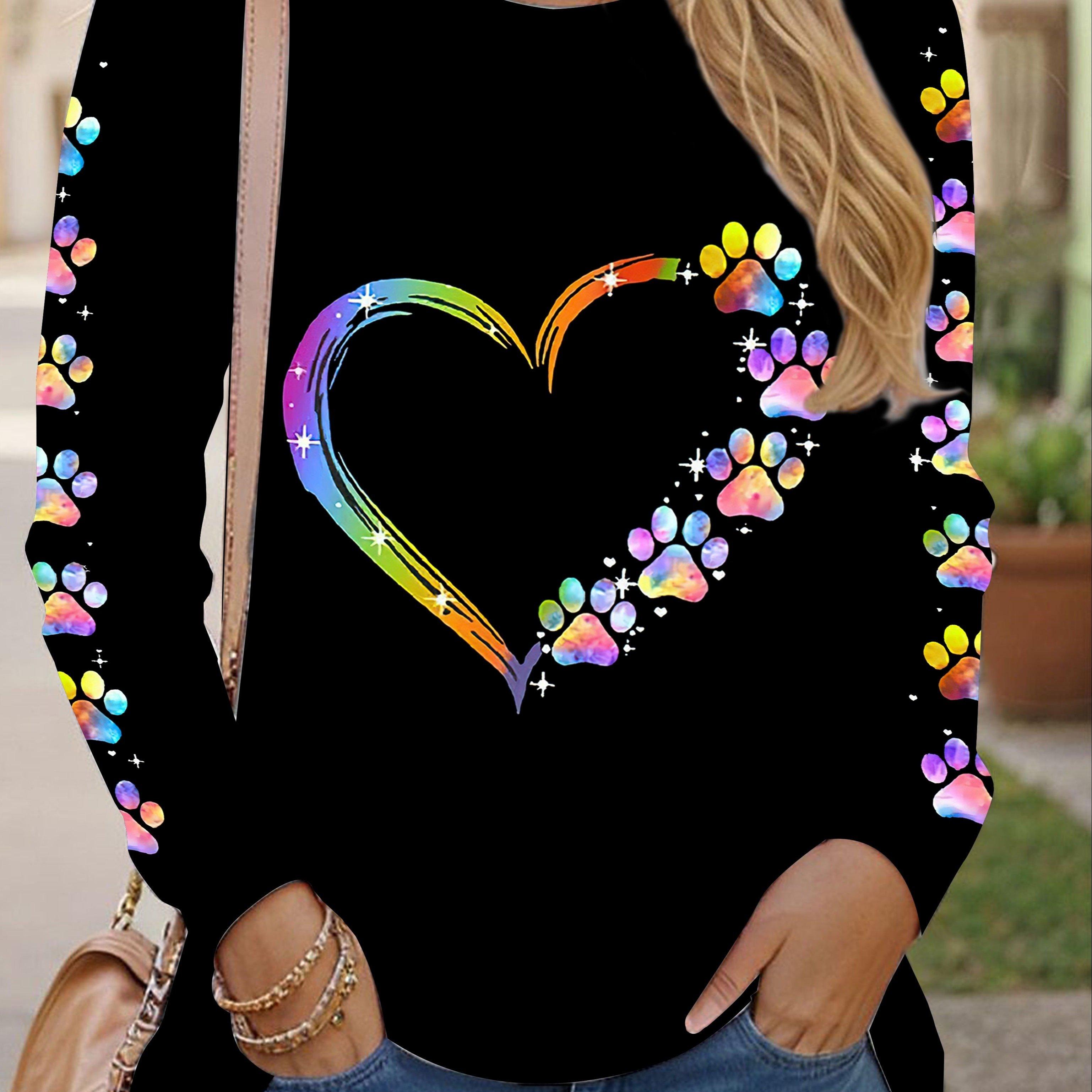 

Направленная цветная футболка с принтом когтя в форме сердца, с 3D цифровой печатью, женский весенне-осенний повседневный топ с круглым вырезом и длинными рукавами XL