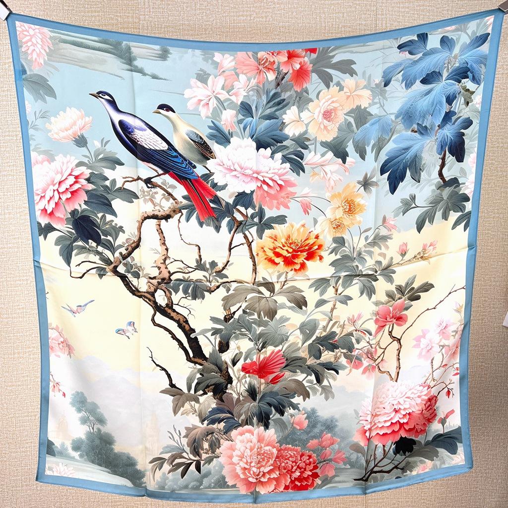 Guochao Chinese Landscape Painting Lotus Flower Versatile 100 Mulberry Silk Square Scarf Thin Shawl Women'S Silk Scarf Silk Scarf