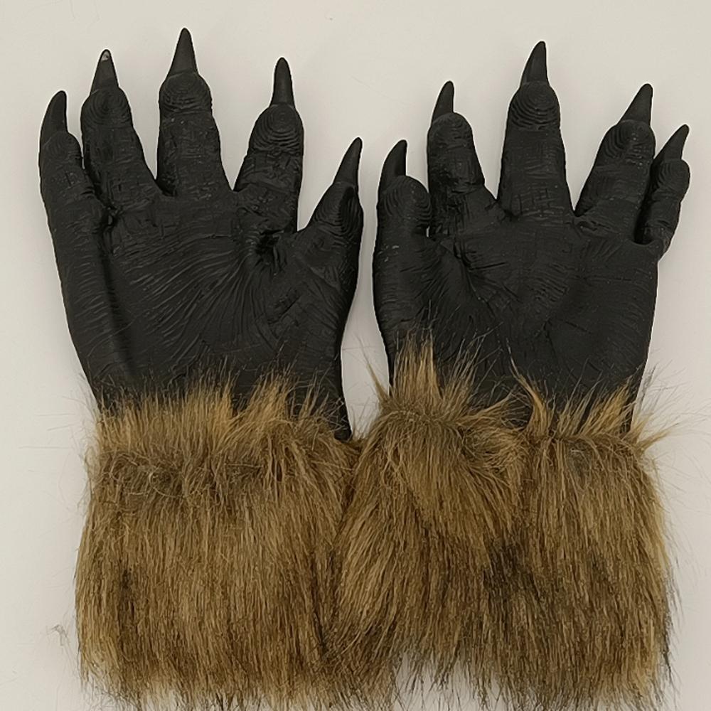 New Pair Gloves Faux Costume Prop Halloween Novelty Black+Brown Artificial Fur Mane