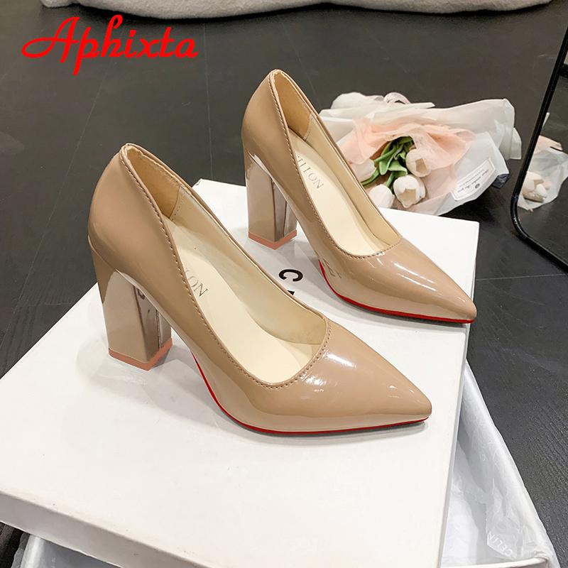 Fashion Aphixta Autumn 10cm/3.94Inch Chunky Heels Pumps Women Shoes Wine Red Patent Leather Sexy Party Official Leisure Plus Szie 33-46