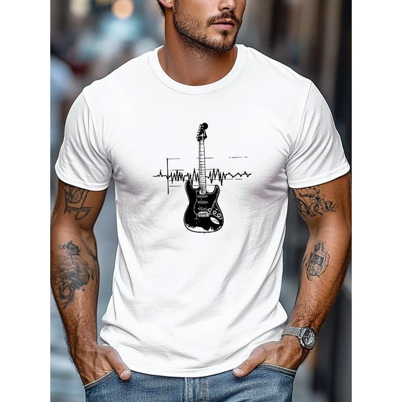 Family Tees Europese Maat Heren T-shirt, Eenvoudig en Strak, Ontspannen en Casual, Heren Gitaar en Hartslag Lijn Patroon Zomer Casual Ronde Hals Korte Mouw T-shirt S wit