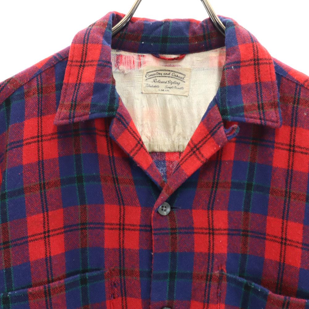 Country and Casual 60s Vintage Wool Blend Check Pattern Long Sleeve Open Collar Wool Shirt Men's Used