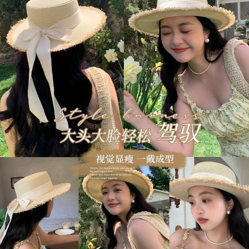 Rough straw hat streamer bow sunscreen women's seaside leisure vacation beach hat sunshade top hat tide