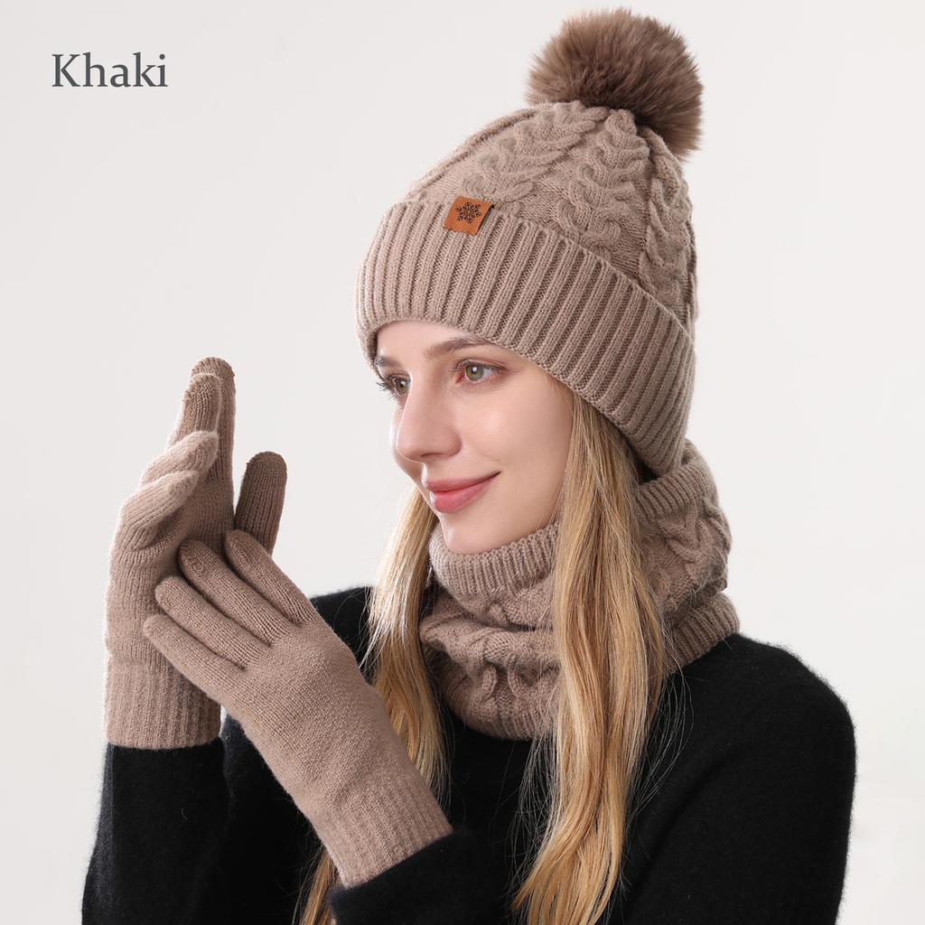Classic Style Cold Weather Gloves Scarf Hat Three Piece Set for Winter Custom Logo Knit Beanie Ribbed Cuff Pom Pom Wool Blend