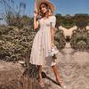 Women's Summer Cotton Linen V-Neck Short Sleeves Buttoned Dress European American Style