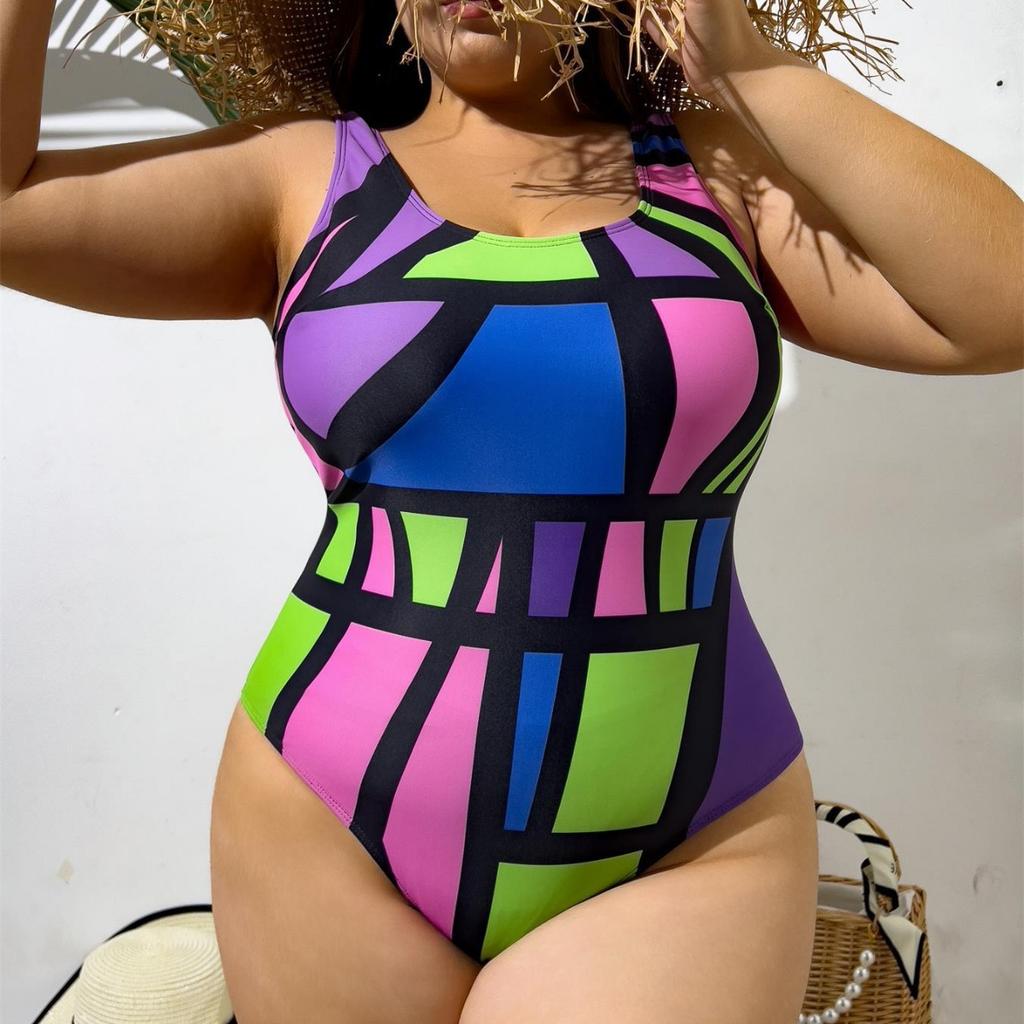 1011 new European and American color geometric shape splicing bikini, backless tight plus size one-piece swimsuit