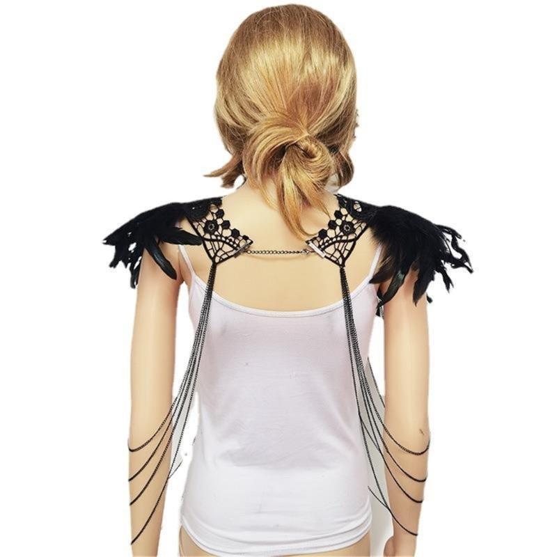 Feather Epaulette Shoulder Wrap Lace Choker Halloween Cosplay Costume Gothic Feather Harness Body Chain for Womens