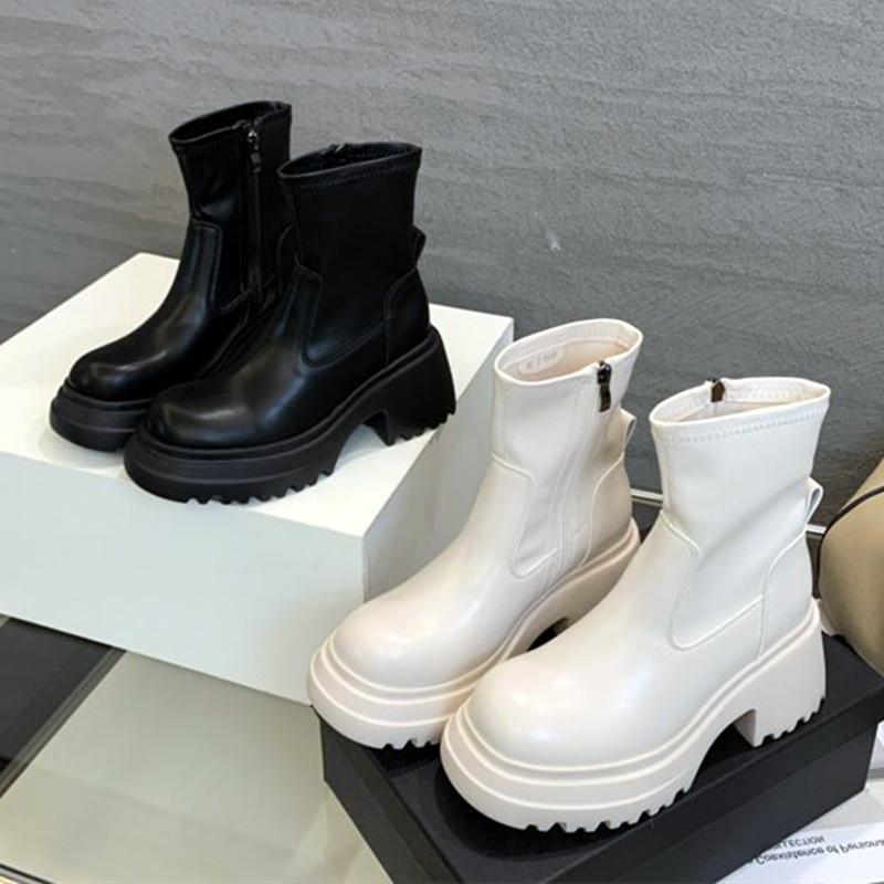 Fashion Black Soft Leather Ankle Boots Women Side Zip Design Platform Boots for Women Chunky Heel Non-slip Autumn Warm Biker Botas Mujer