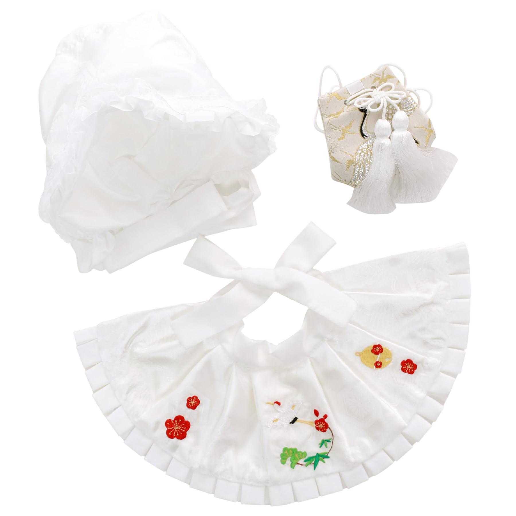 

KYOETSU Shrine Visit Bib, Hood, Hat, and Accessories Set for Baby Boys and Girls (Crane and Plum Blossom Design)