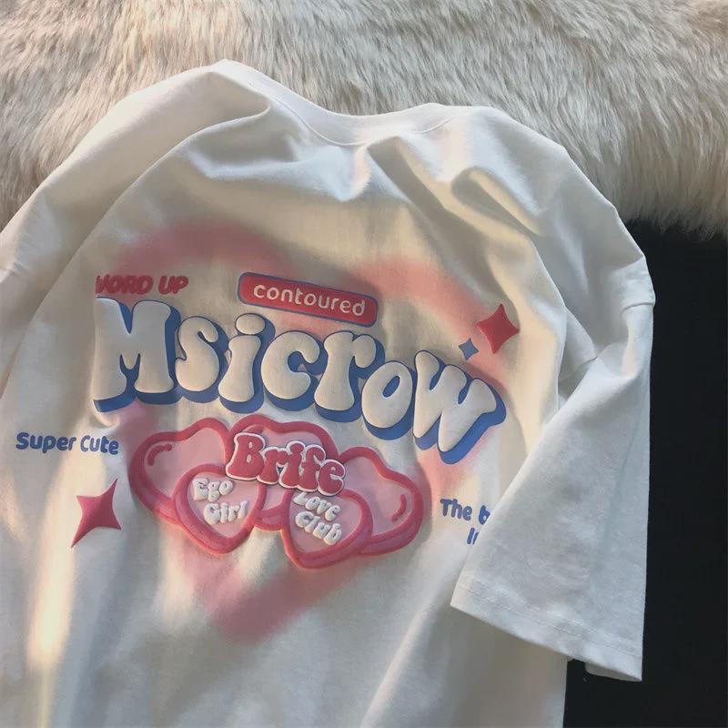 

Женская футболка оверсайз с прямыми плечами, с коротким рукавом, лето 2025, новый американский стиль, модный парный наряд для лучших подруг L белый